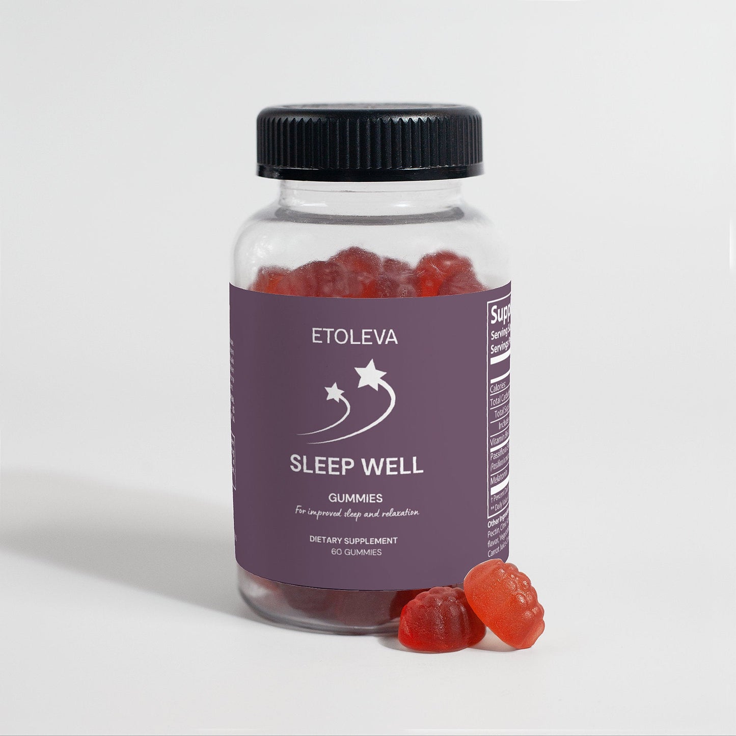 Sleep Well melatonin gummies bottle standing upright on white background