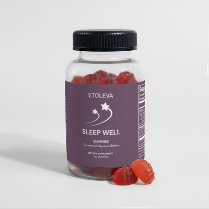 Sleep Well melatonin gummies bottle standing upright on white background